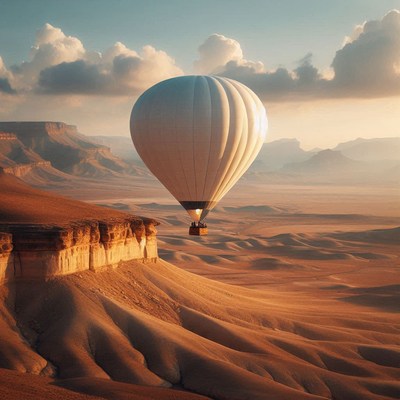 Hot air balloon over desert landscape