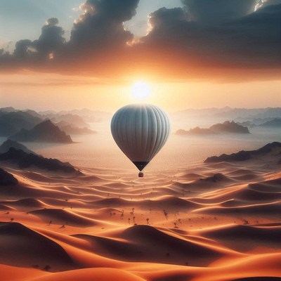 Hot air balloon over desert dunes at sunrise