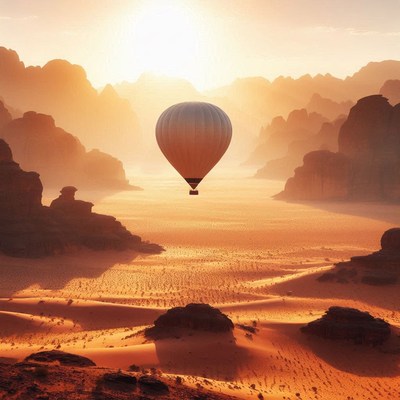 Hot air balloon over wadi rum desert at sunset