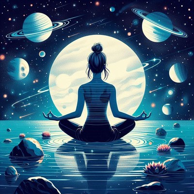 Woman meditating under a full moon