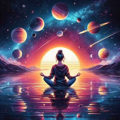 Woman meditating at sunset with planets