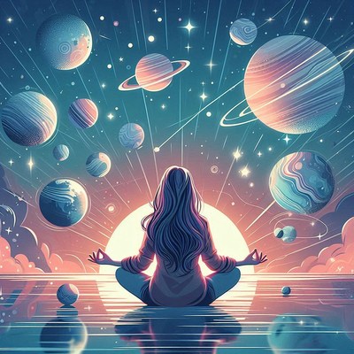 Woman meditating amidst planets