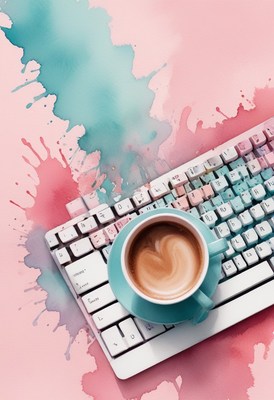 Coffee break on a pink and teal desk