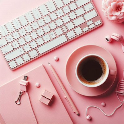 Pink desk workspace with coffee and keyboard