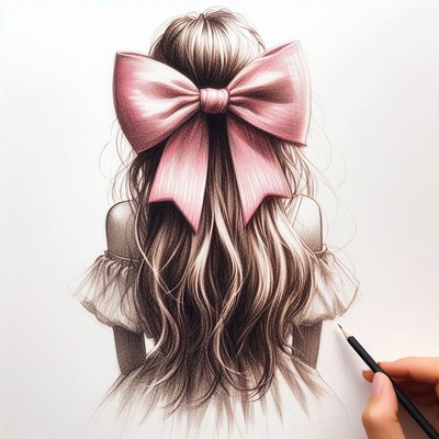 Pencil drawing of girl with pink bow