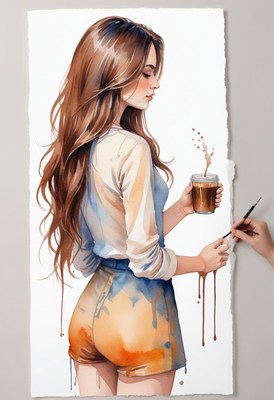 Watercolor painting of woman with coffee