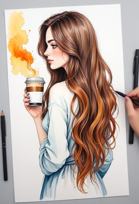 Watercolor drawing of woman with coffee