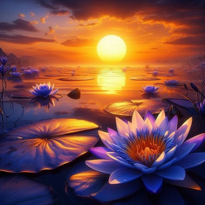Sunset over water lilies