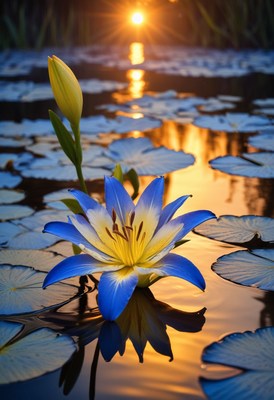 Blue water lily at sunset