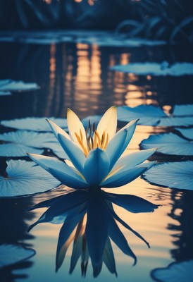 Water lily in a pond at sunset