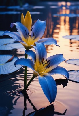 Blue lilies on pond at sunset