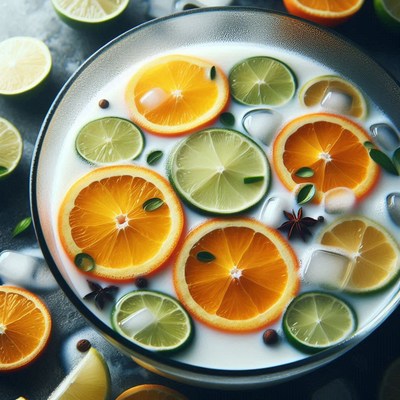 Citrus fruit and ice in bowl