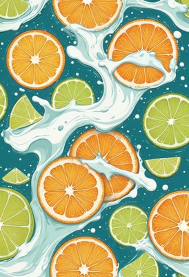 Orange and lime slices in splash