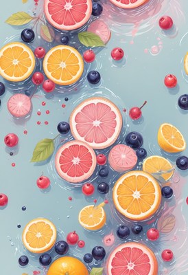 Citrus fruit and berries in water