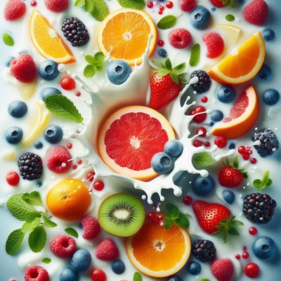 Fresh fruit splash in milk