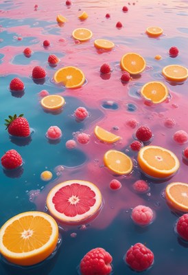 Oranges and raspberries floating in water