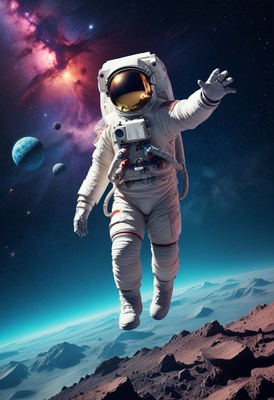 Astronaut floating above a planet