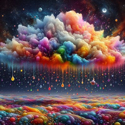 Colorful cloud raining over a dreamy landscape
