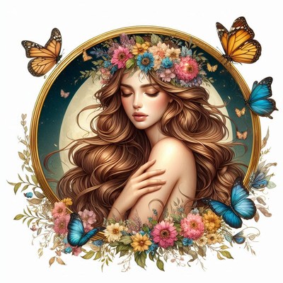 Woman with floral crown and butterflies
