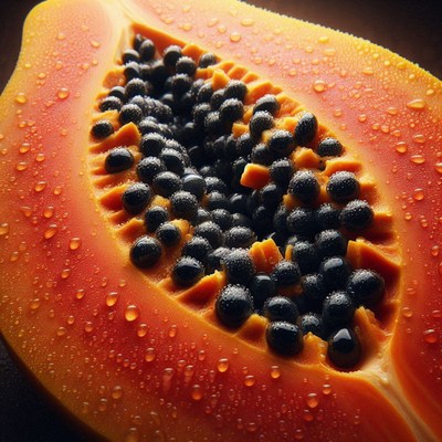 Papaya half with seeds and water drops