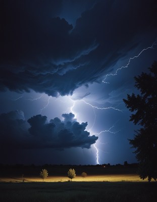 Lightning strikes over field at night