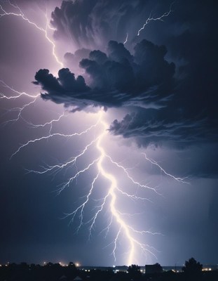 Lightning strike over cityscape