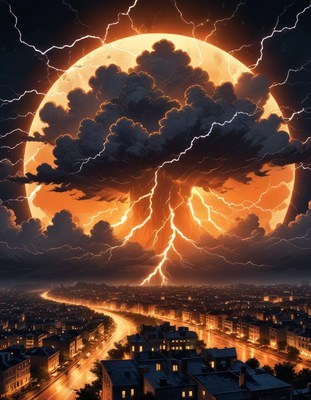 Lightning storm over city at night