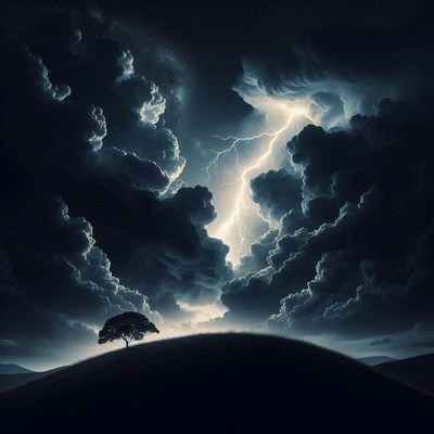 Stormy night with lightning and tree