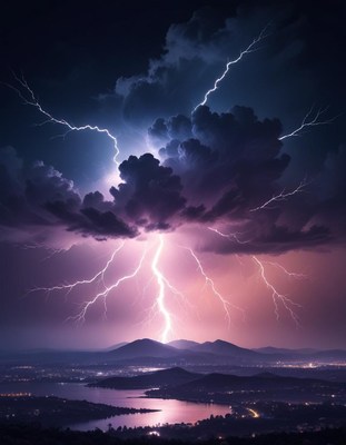 Lightning storm over mountain lake