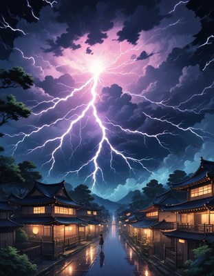 Lightning strike over japanese village