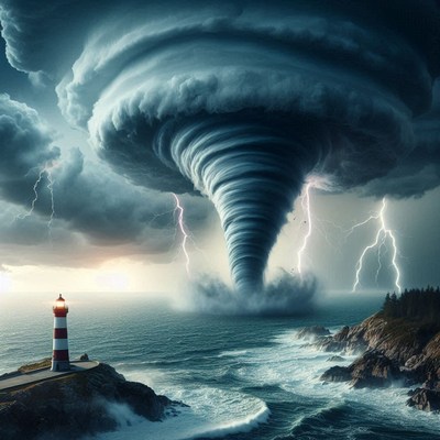 Lighthouse under a powerful tornado