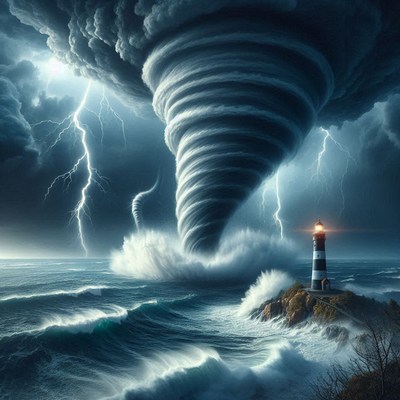 Lighthouse during a coastal tornado
