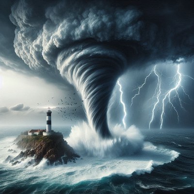 Lighthouse under a powerful tornado