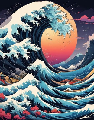 Giant wave and sunset over mountains