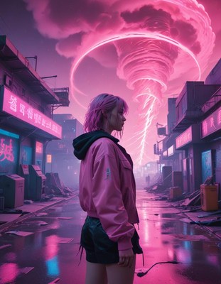 Pink lightning storm in neon city
