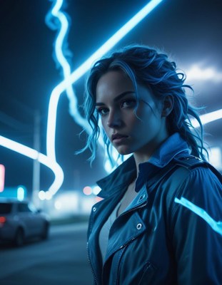 Woman in blue jacket under neon lights