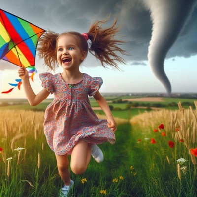 Girl runs with kite near tornado