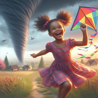 Girl flying kite near tornado