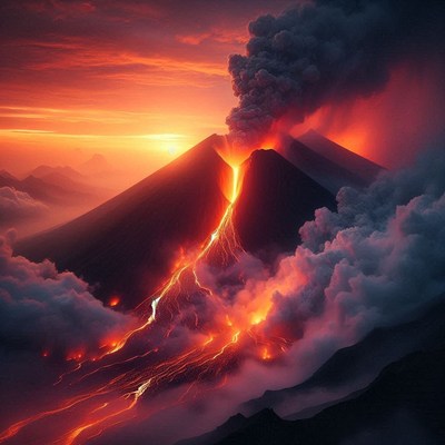 Volcano erupts at sunset
