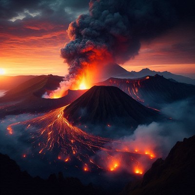 Volcano eruption at sunset