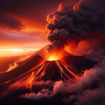 Volcano eruption at sunset