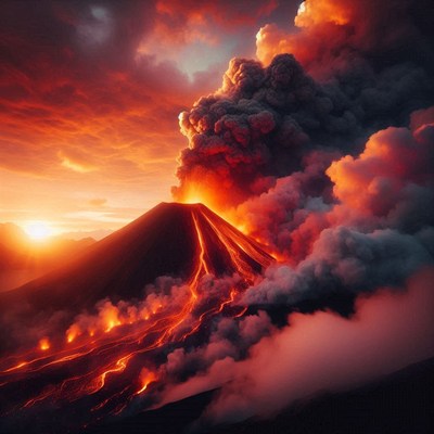 Volcano eruption at sunset