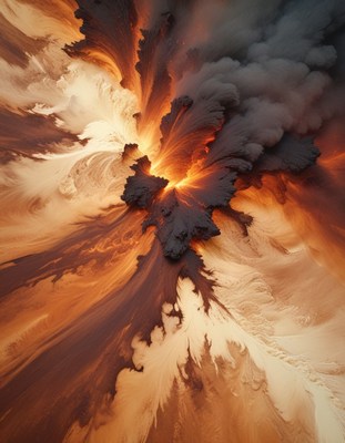 Aerial view of erupting volcano
