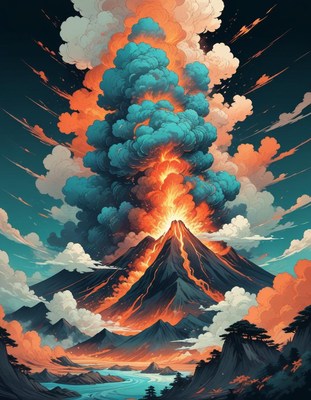 Volcano eruption with smoke and clouds