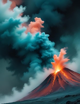 Volcano eruption with blue and orange smoke