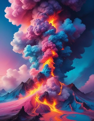 Erupting volcano with colorful smoke