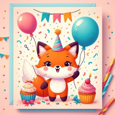 Fox birthday card with balloons