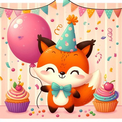 Happy birthday fox with balloon and cupcakes