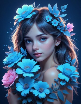 Beautiful woman surrounded by blue flowers