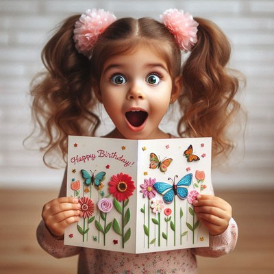 Girl holding birthday card with flowers and butterflies
